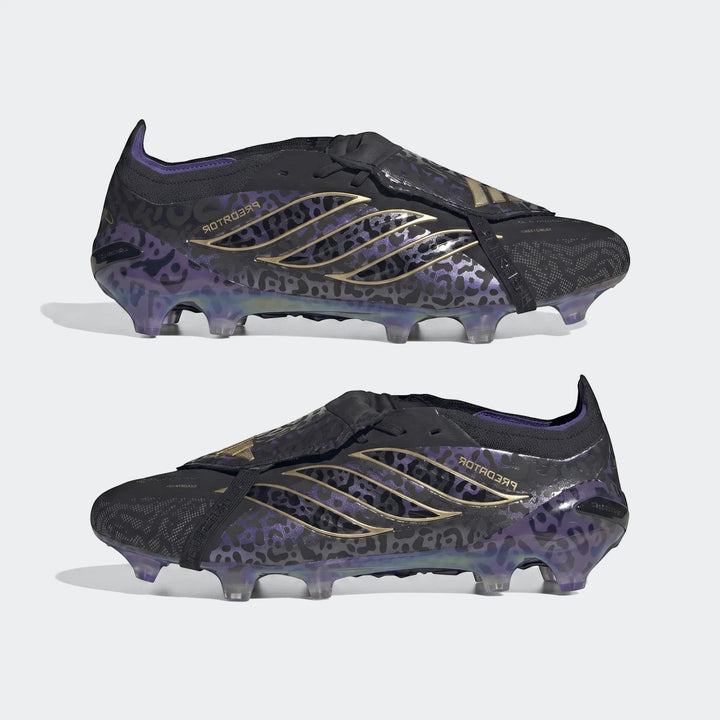 Pair of Adidas Predator Elite Ft Fg Kaka Edition football boots in black with purple leopard print and gold stripes.