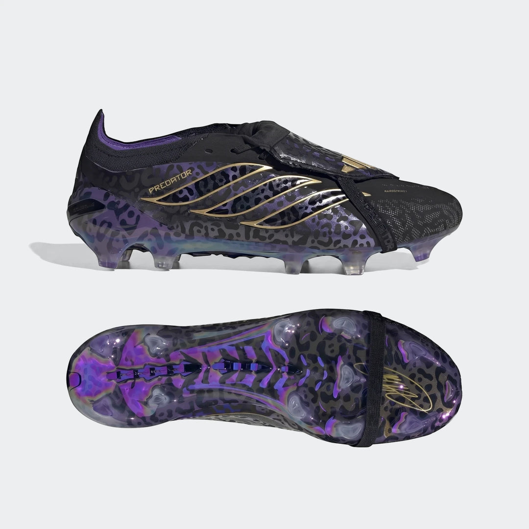 Black, purple, and gold Adidas Predator Elite Ft Fg Kaka Edition football boots with leopard print, shown from the side and