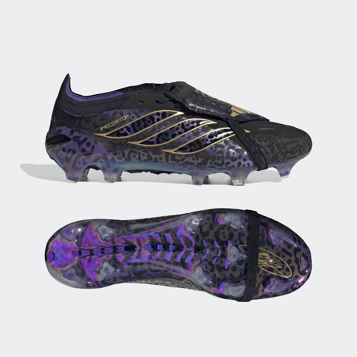Black, purple, and gold Adidas Predator Elite Ft Fg Kaka Edition football boots with leopard print, shown from the side and