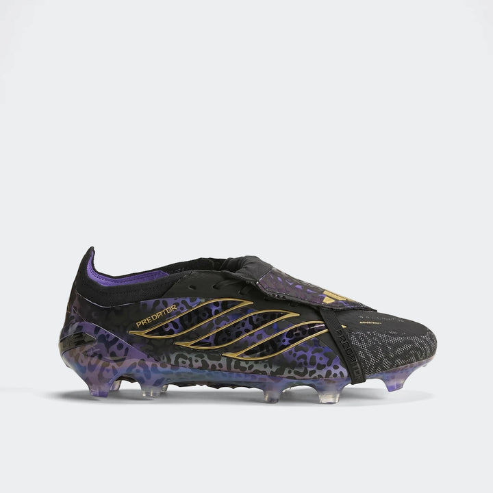 Side view of an Adidas Predator Elite Ft Fg Kaka Edition football boot in black and purple with gold details, featuring