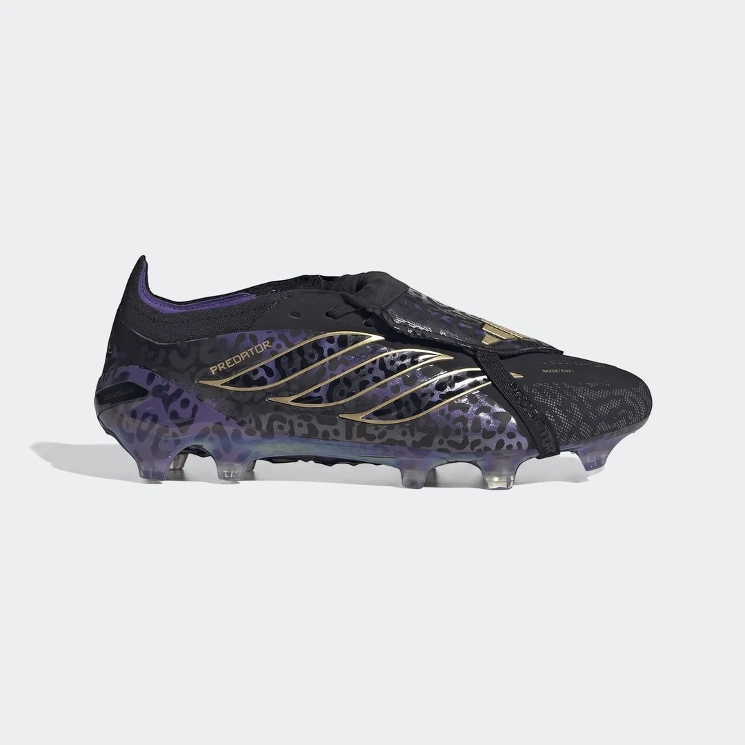 Adidas Predator Elite FT FG Kaka Edition football boots in black with purple leopard print and gold accents, side view.
