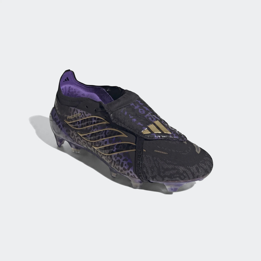 Adidas Predator Elite Ft Fg Kaka Edition football boots in black and purple with gold leopard print. Angled view.