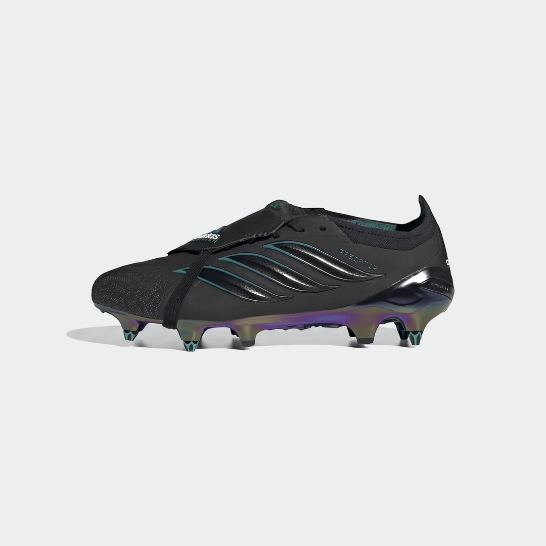 Side view of Adidas Predator Elite FT SG EQT football boots in black with teal stripes and an iridescent sole.
