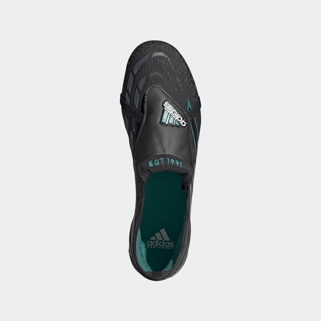 Black and teal Adidas Predator Elite Ft Sg Eqt Football Boot, top-down view, featuring mesh upper and iconic branding.