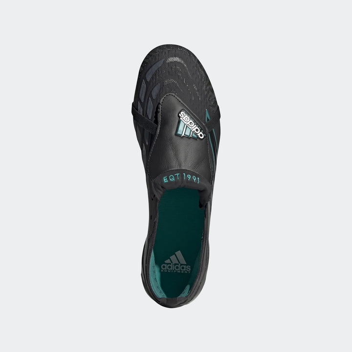 Black and teal Adidas Predator Elite Ft Sg Eqt Football Boot, top-down view, featuring mesh upper and iconic branding.