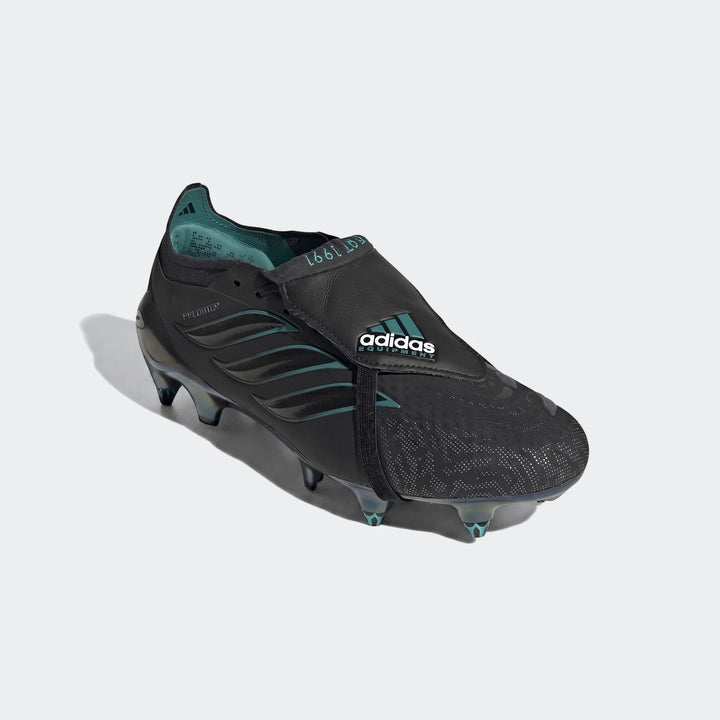 Black Adidas Predator Elite FT SG EQT football boots with teal accents and iridescent studs, displayed at an angle.