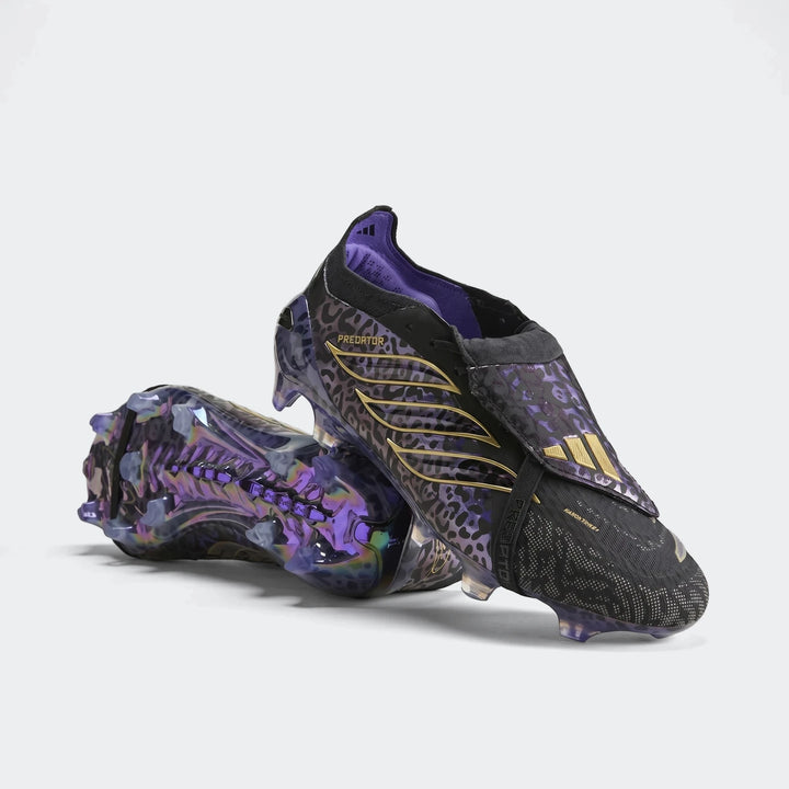Adidas Predator Elite Ft Fg Kaka Edition Football Boots in black and purple with gold accents, showing iridescent soles,