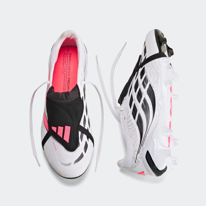 Pair of white, black, and hot pink Adidas Predator League Fold-Over Tongue Firm Ground Football Boots.
