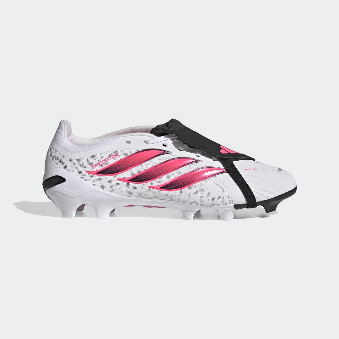 White, pink, and black Adidas Predator League Fold-Over Tongue Firm Ground Football Boots, shown in a side view.