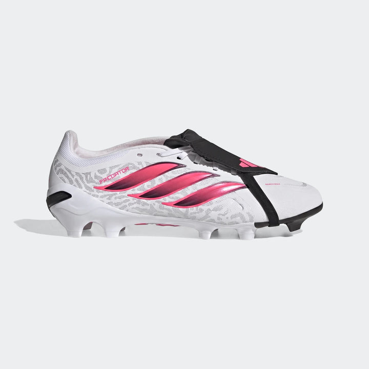 White, pink, and black Adidas Predator League Fold-Over Tongue Firm Ground Football Boots, shown in a side view.