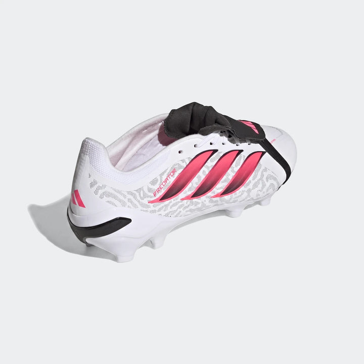 White and pink Adidas Predator League Fold-Over Tongue Firm Ground Football Boots, angled view, with black accents.