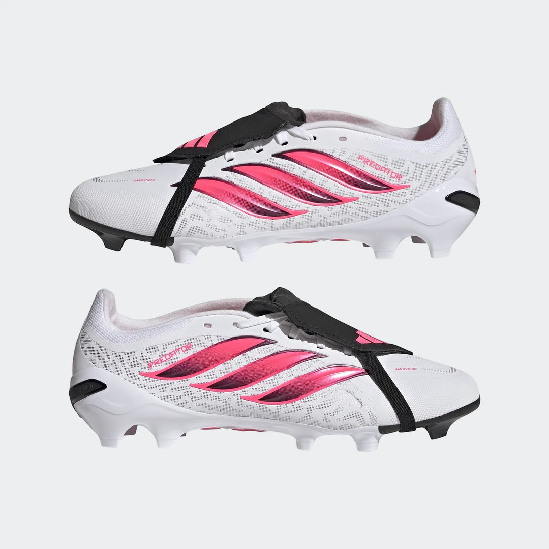 Pair of Adidas Predator League Fold-Over Tongue Firm Ground Football Boots in white and pink, featuring a black fold-over
