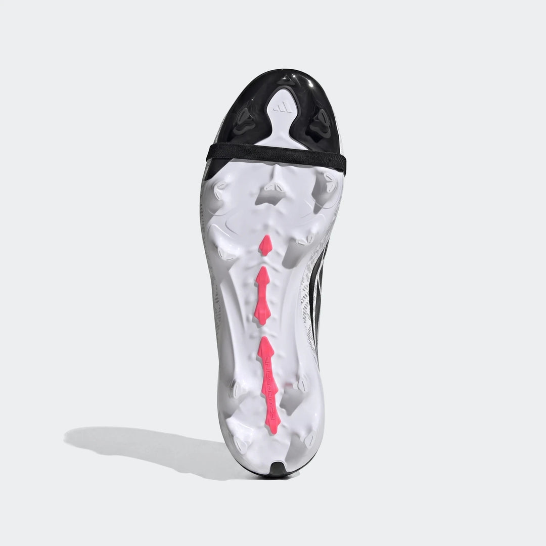 Adidas Predator League Fold-Over Tongue firm ground football boot, white with black and pink details, sole view.