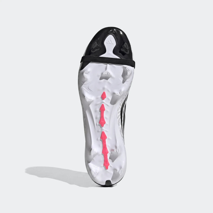 Adidas Predator League Fold-Over Tongue firm ground football boot, white with black and pink details, sole view.