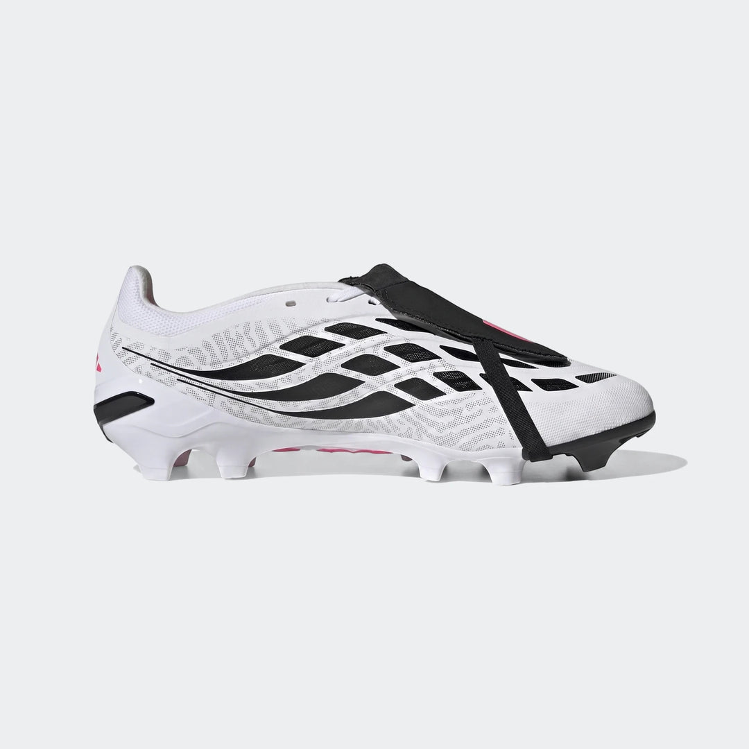 Adidas Predator League Fold-Over Tongue Firm Ground Football Boots in white with black details and pink accents, side view.