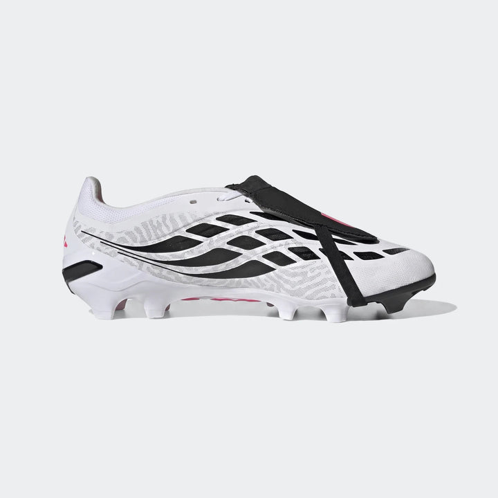 Adidas Predator League Fold-Over Tongue Firm Ground Football Boots in white with black details and pink accents, side view.