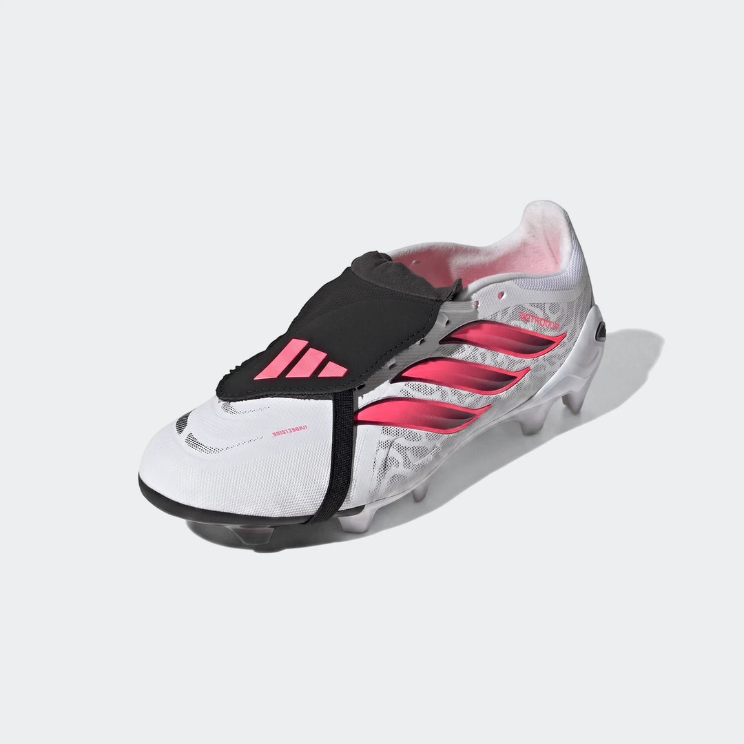 White, pink, and black Adidas Predator League Fold-Over Tongue Firm Ground Football Boots, side view.