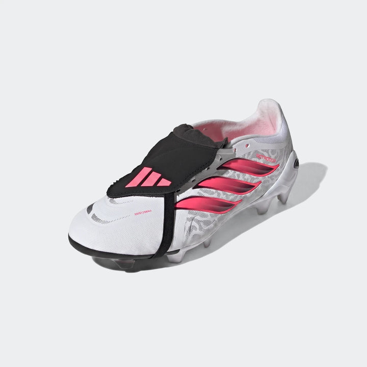White, pink, and black Adidas Predator League Fold-Over Tongue Firm Ground Football Boots, side view.