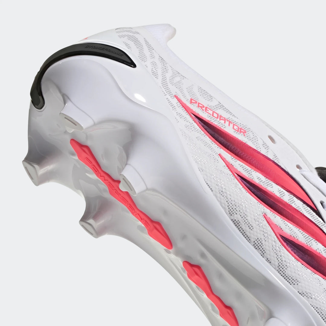 Close-up of a white, black, and solar red Adidas Predator League Fold-Over Tongue Firm Ground Football Boot, showing the