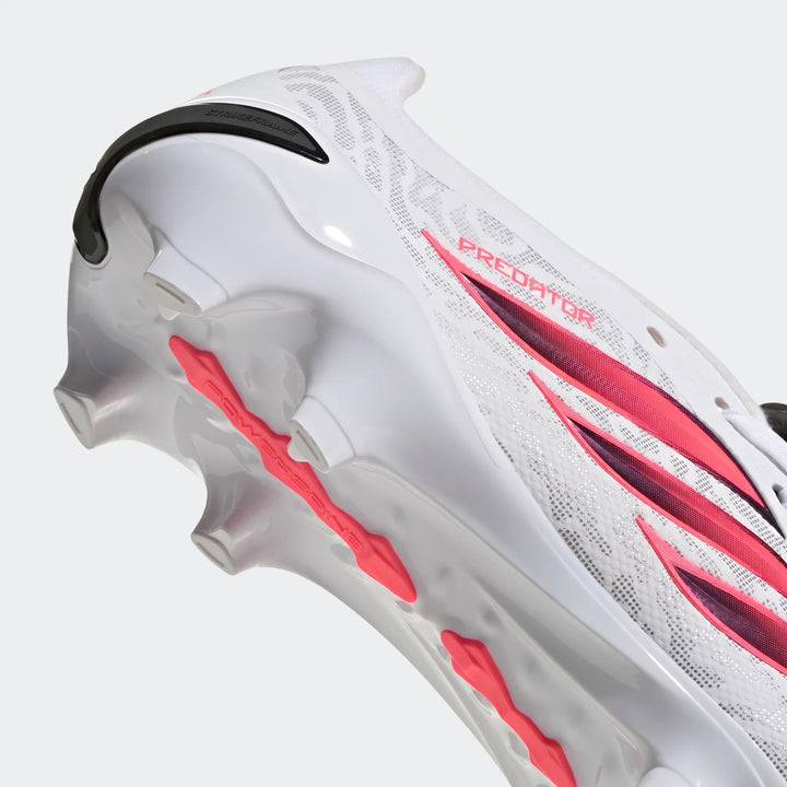 Close-up of a white, black, and solar red Adidas Predator League Fold-Over Tongue Firm Ground Football Boot, showing the