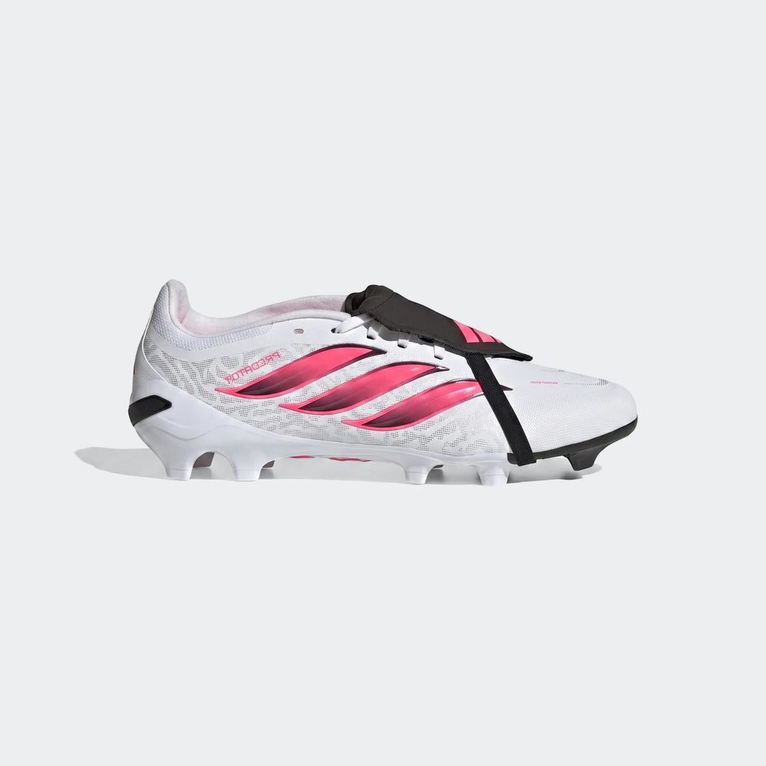 Adidas Predator League Fold-Over Tongue Firm Ground Football Boot in white and pink, featuring a side view of the cleat.
