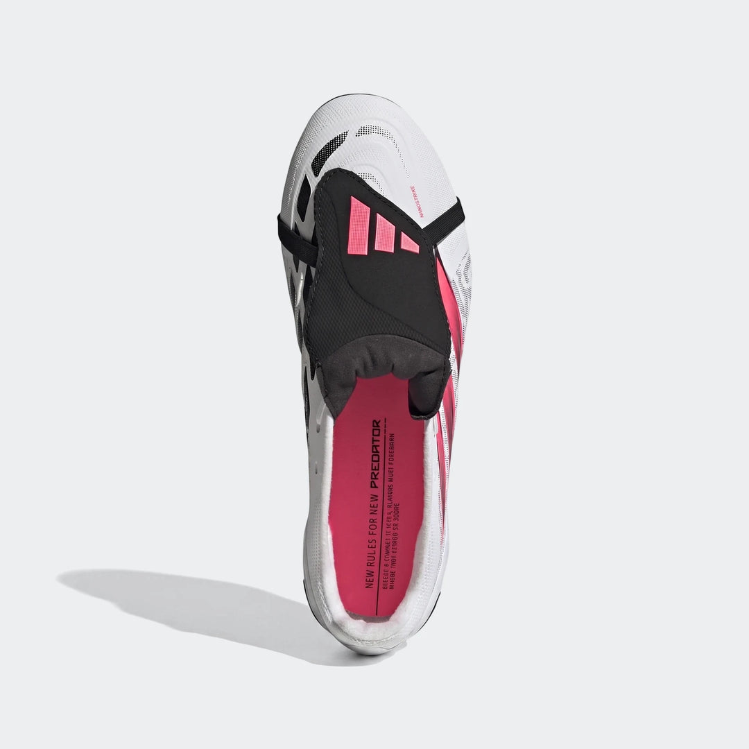 Adidas Predator League Fold-Over Tongue Firm Ground Football Boots in white, black, and hot pink, top-down view.