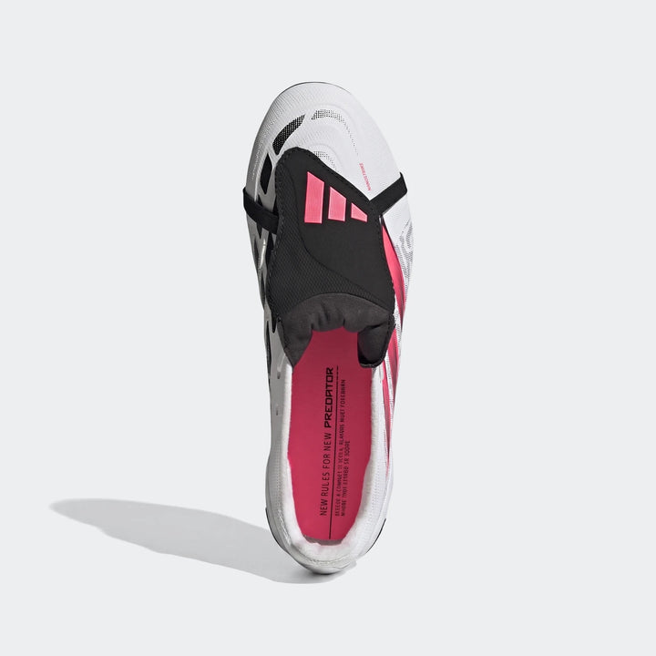 Adidas Predator League Fold-Over Tongue Firm Ground Football Boots in white, black, and hot pink, top-down view.
