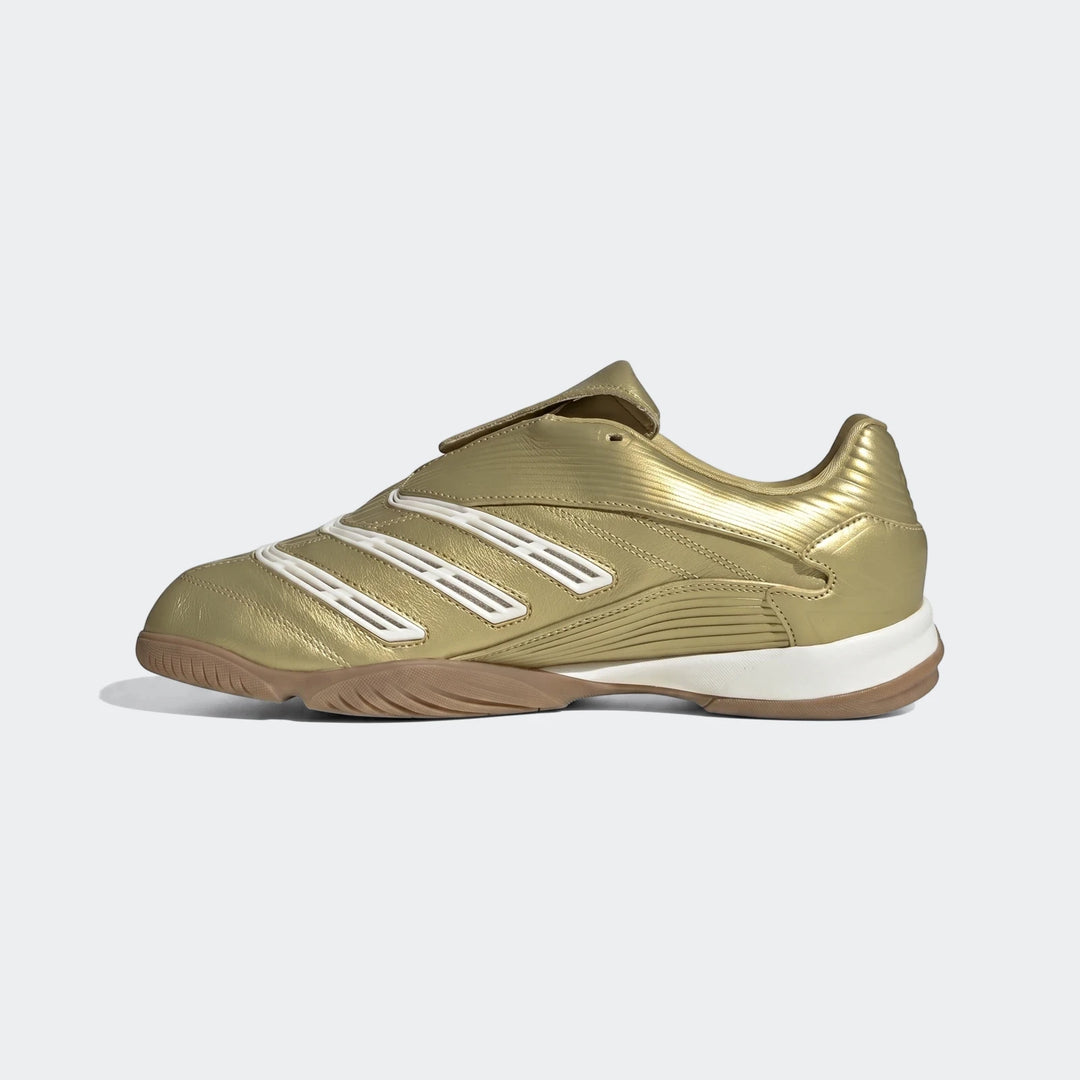Gold and white Adidas Predator Sala Indoor Football Boots, side view, with classic stripes and gum sole.