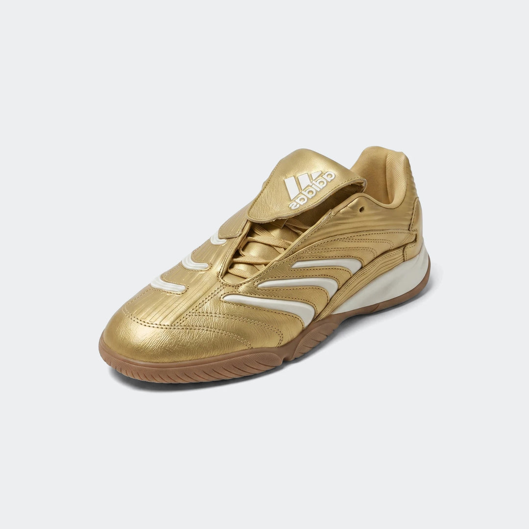 Gold and white Adidas Predator Sala Indoor Football Boots, shown from a side view, featuring a textured upper and gum sole.