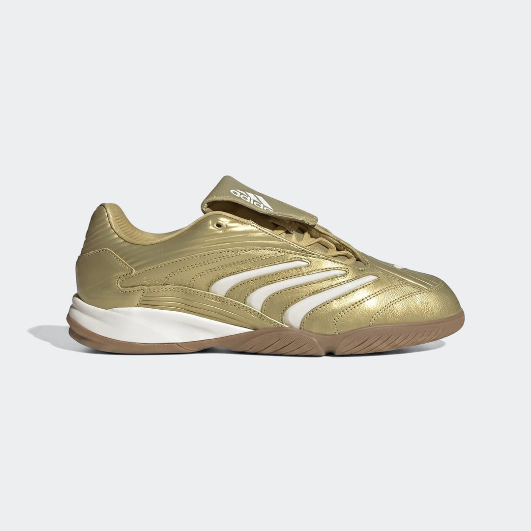Gold Adidas Predator Sala Indoor Football Boots with white stripes and brown gum sole, presented in a side view.