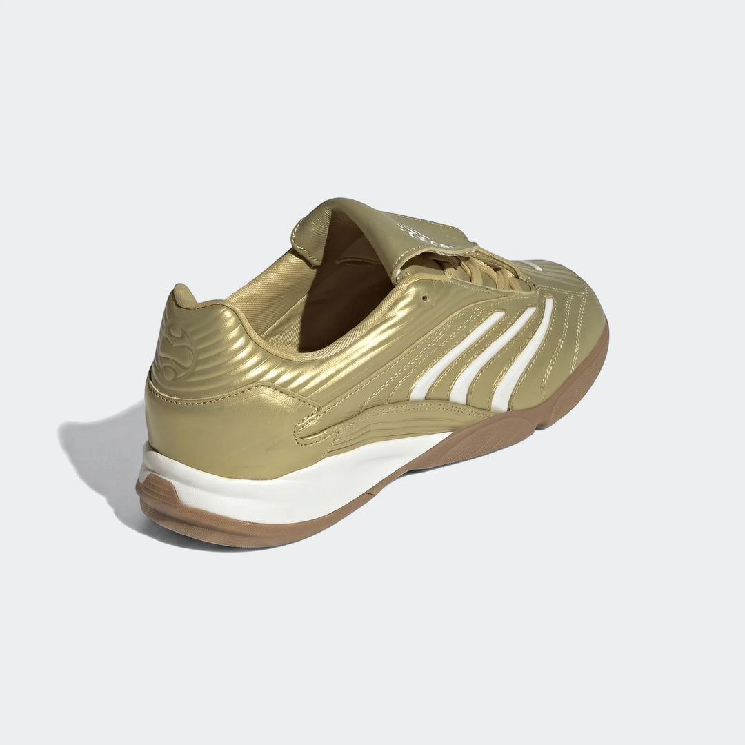 Gold Adidas Predator Sala Indoor Football Boots with white stripes, shown from a rear-side angle, for indoor play.