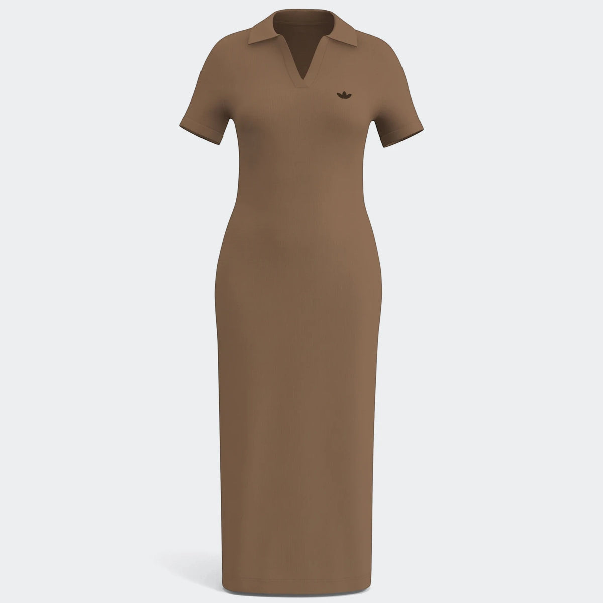 Brown Adidas Premium Essential Polo Dress, crafted from ribbed knit, featuring short sleeves, a classic polo collar, and a