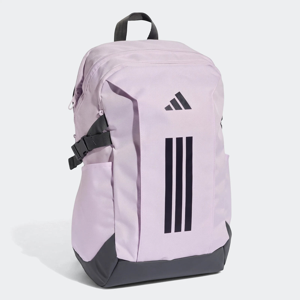 Lavender Adidas Primelift Backpack with dark gray base and straps, featuring black logo and stripes, presented in an upright