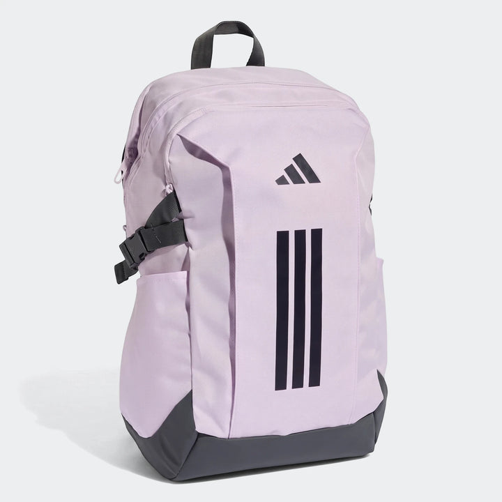 Lavender Adidas Primelift Backpack with dark gray base and straps, featuring black logo and stripes, presented in an upright