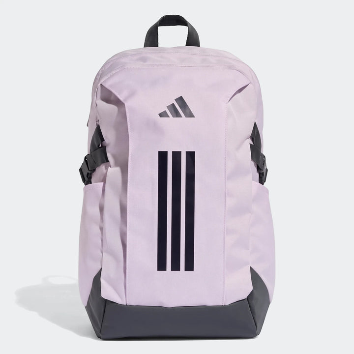 Adidas Primelift Backpack in lavender purple with dark gray accents and black branding, shown from the front.