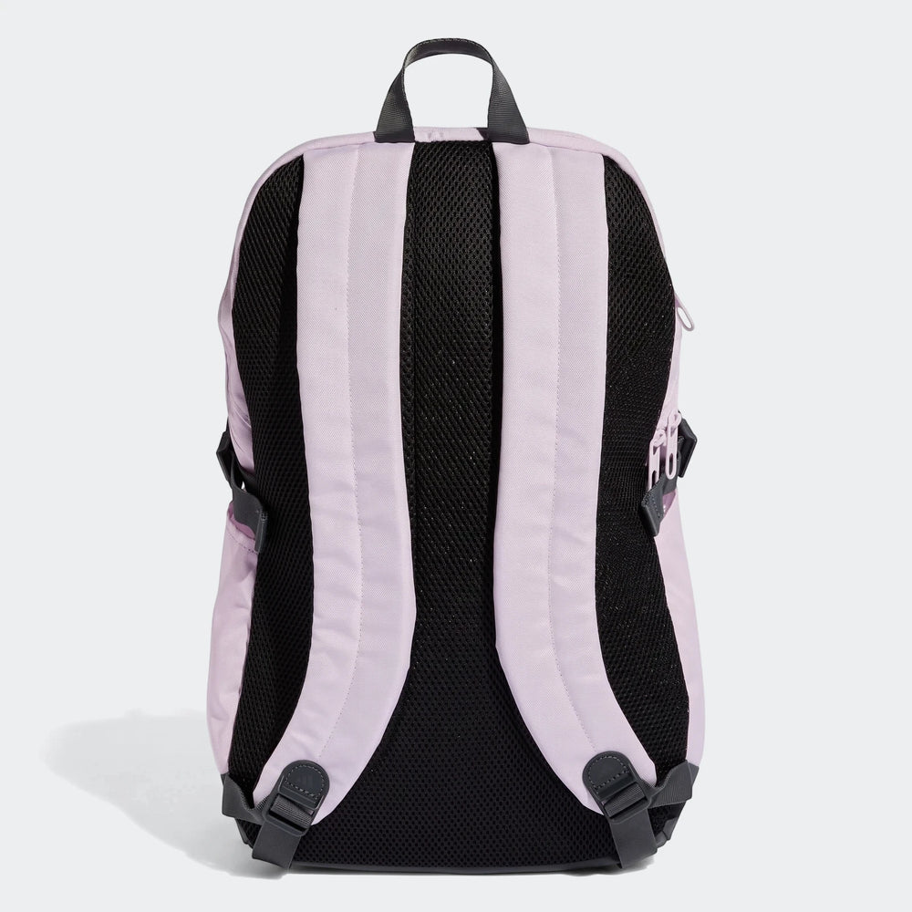 Adidas Primelift Backpack in light purple with black mesh padding, shown from the back with shoulder straps and top handle.