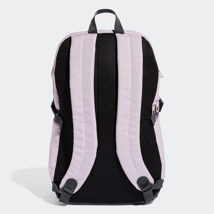 Adidas Primelift Backpack in light purple with black mesh padding, shown from the back with shoulder straps and top handle.