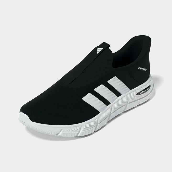 Black and white Adidas RapidFit Cloudfoam Flex men's slip-on athletic sneaker with white stripes and detailed sole.