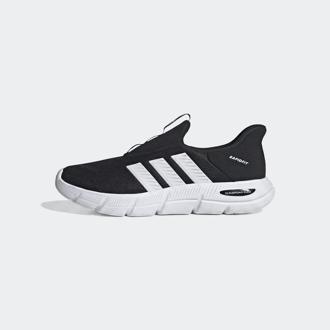 Black Adidas Rapidfit Cloudfoam Flex athletic sneaker, side view. Features white stripes and a thick white textured sole.
