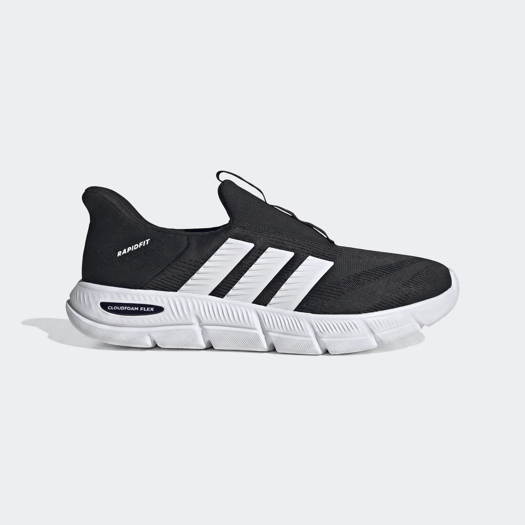 Side view of black and white Adidas Rapidfit Cloudfoam Flex shoes, featuring three white stripes and a comfortable sole.
