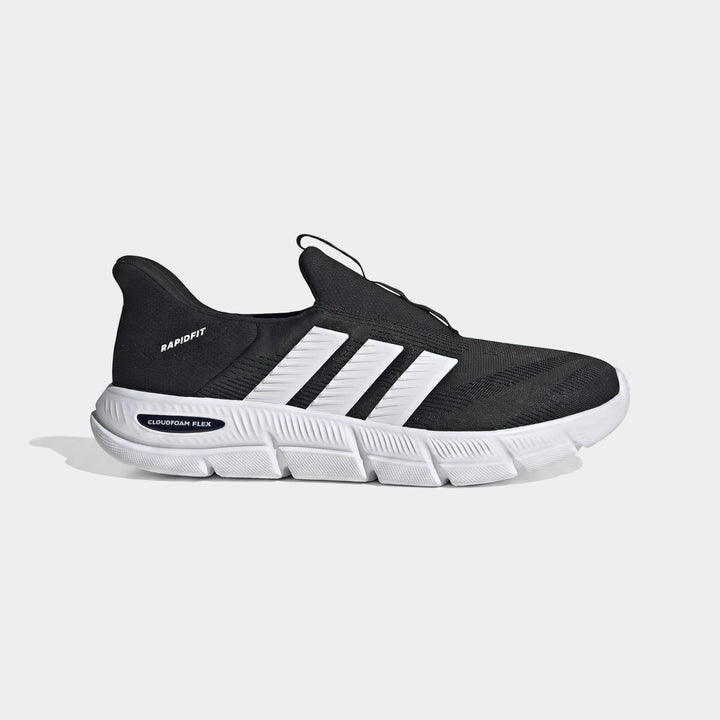 Side view of black and white Adidas Rapidfit Cloudfoam Flex shoes, featuring three white stripes and a comfortable sole.