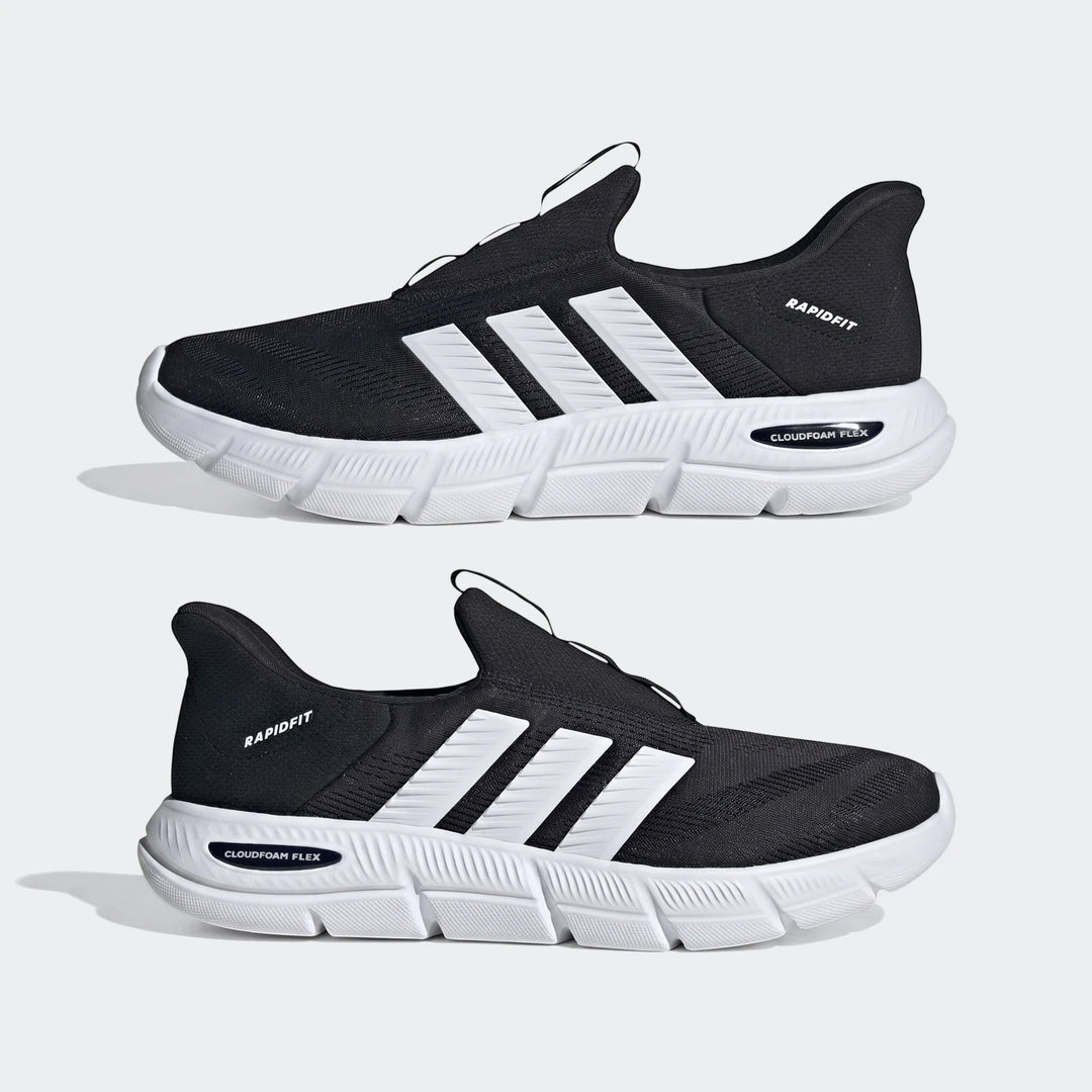 Two black and white Adidas Rapidfit Cloudfoam Flex sneakers with white soles, presented side-by-side on a gray background.