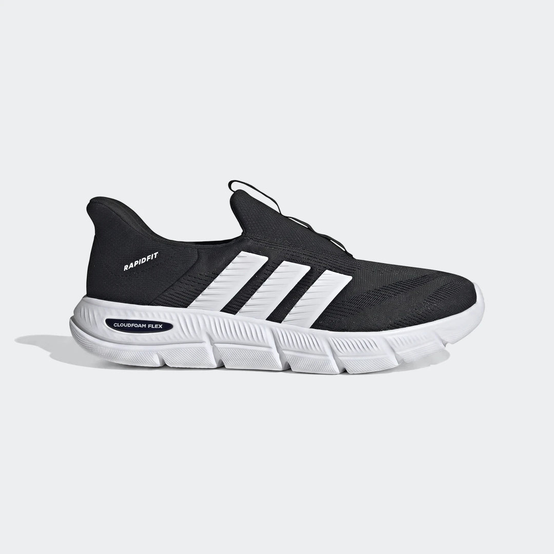 Side view of a black and white Adidas Rapidfit sneaker with Cloudfoam Flex sole. Features three white stripes on a black