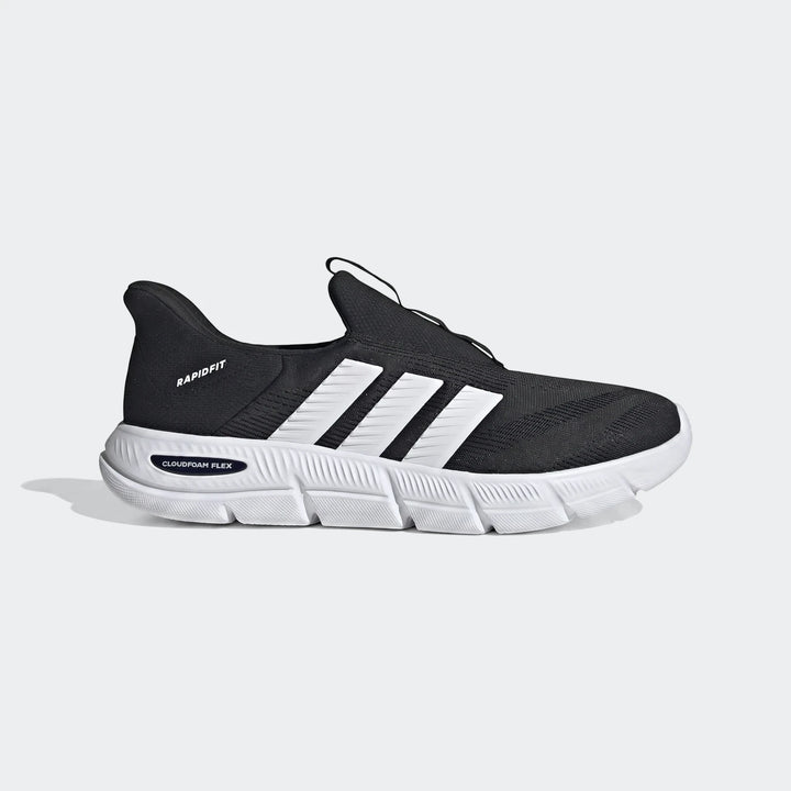 Side view of a black and white Adidas Rapidfit sneaker with Cloudfoam Flex sole. Features three white stripes on a black
