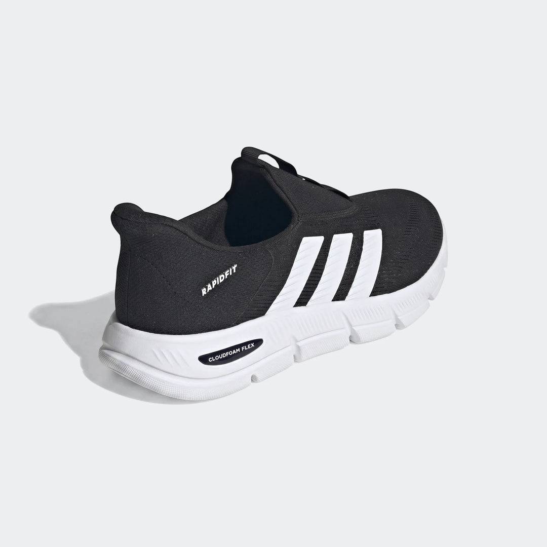 Black Adidas Rapidfit sneaker with white stripes and a white Cloudfoam Flex sole, shown from a side angle.