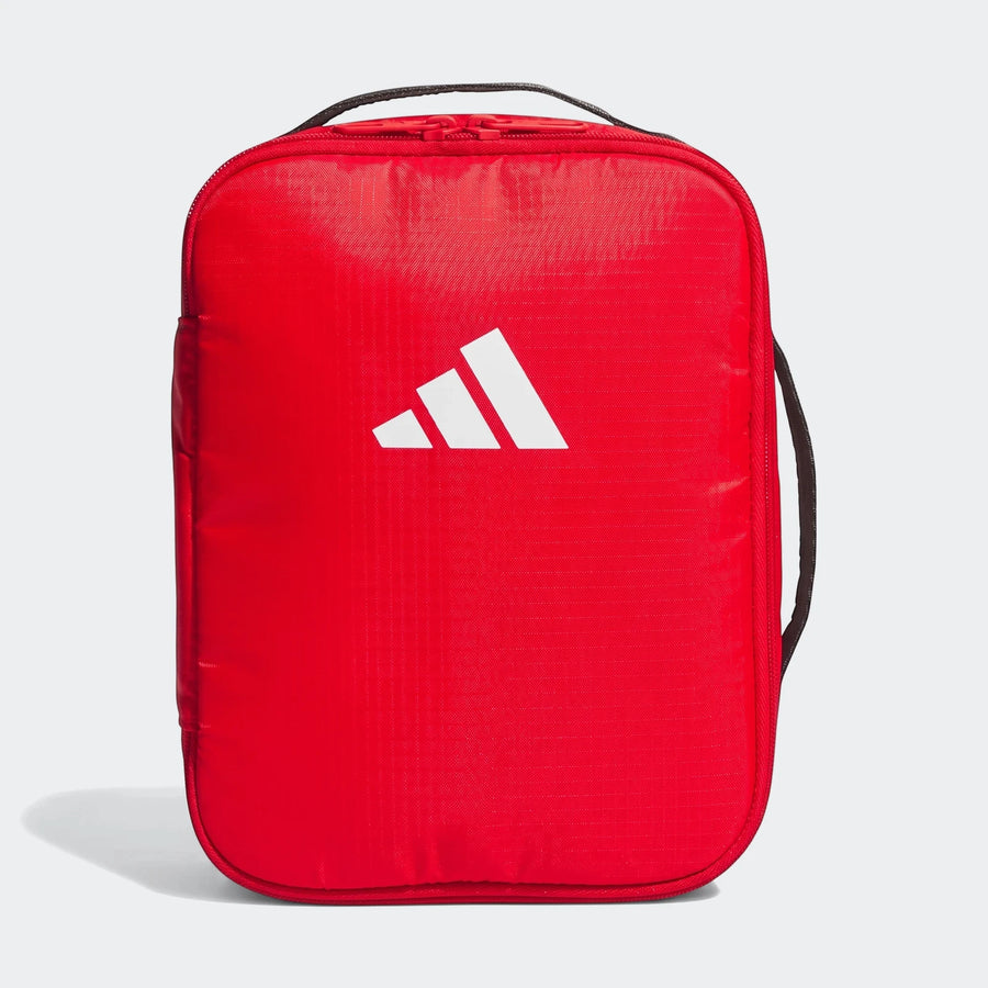 A red Adidas Cooler Bag Small with a white three-bar logo on the front, featuring a black top handle and zipper closure.