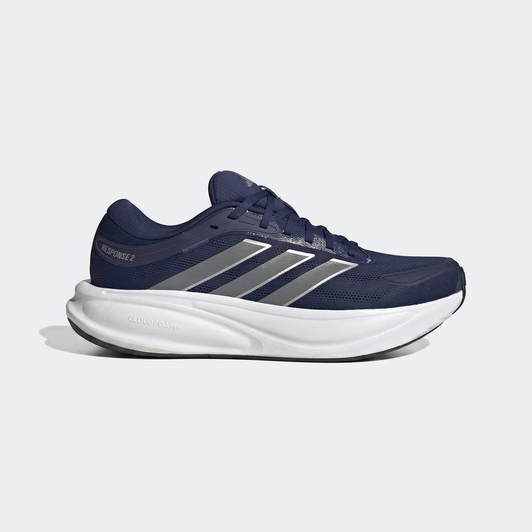 Adidas Response 2 running shoes for men, featuring a dark blue mesh upper, iconic silver three-stripes, and a comfortable