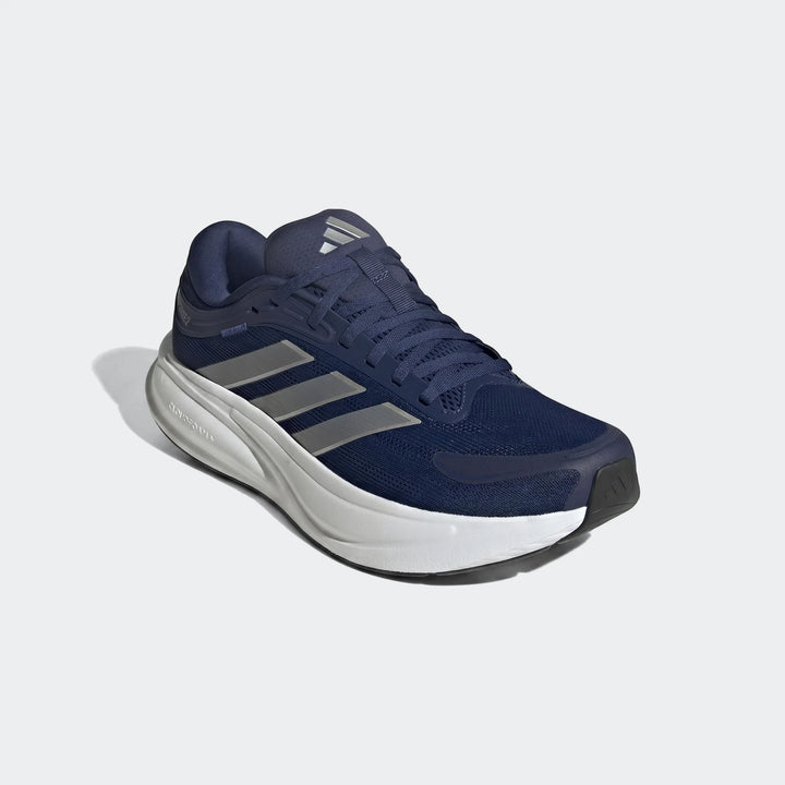 Adidas Response 2 men's running shoes in navy blue with silver stripes and white midsole, shown from a side angle.