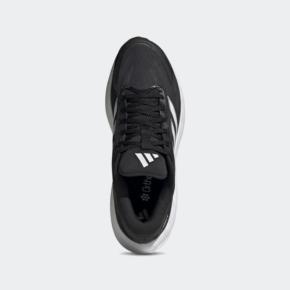 Top-down view of a black Adidas Response 2 running shoe featuring white soles and prominent branding.