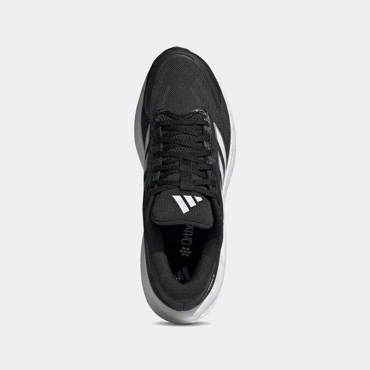Top-down view of a black Adidas Response 2 running shoe featuring white soles and prominent branding.